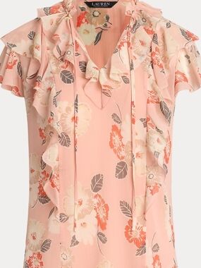Lauren Ralph Lauren Peach-Pink Floral Ruffle Tie-Neck Blouse